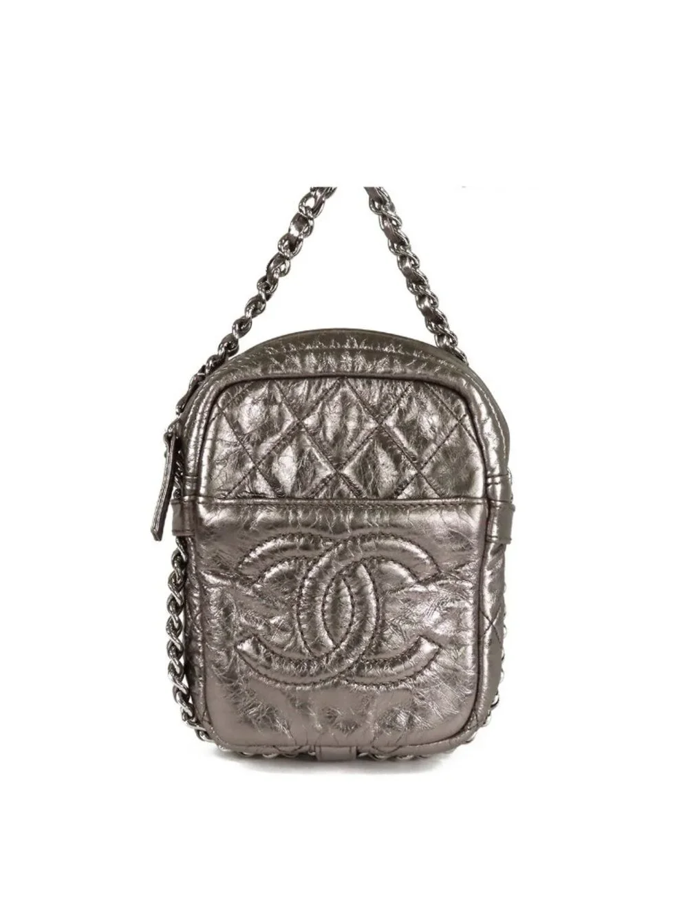 Chanel Quilted Chain Bag Metallic Silver Leather CC Logo Handbag